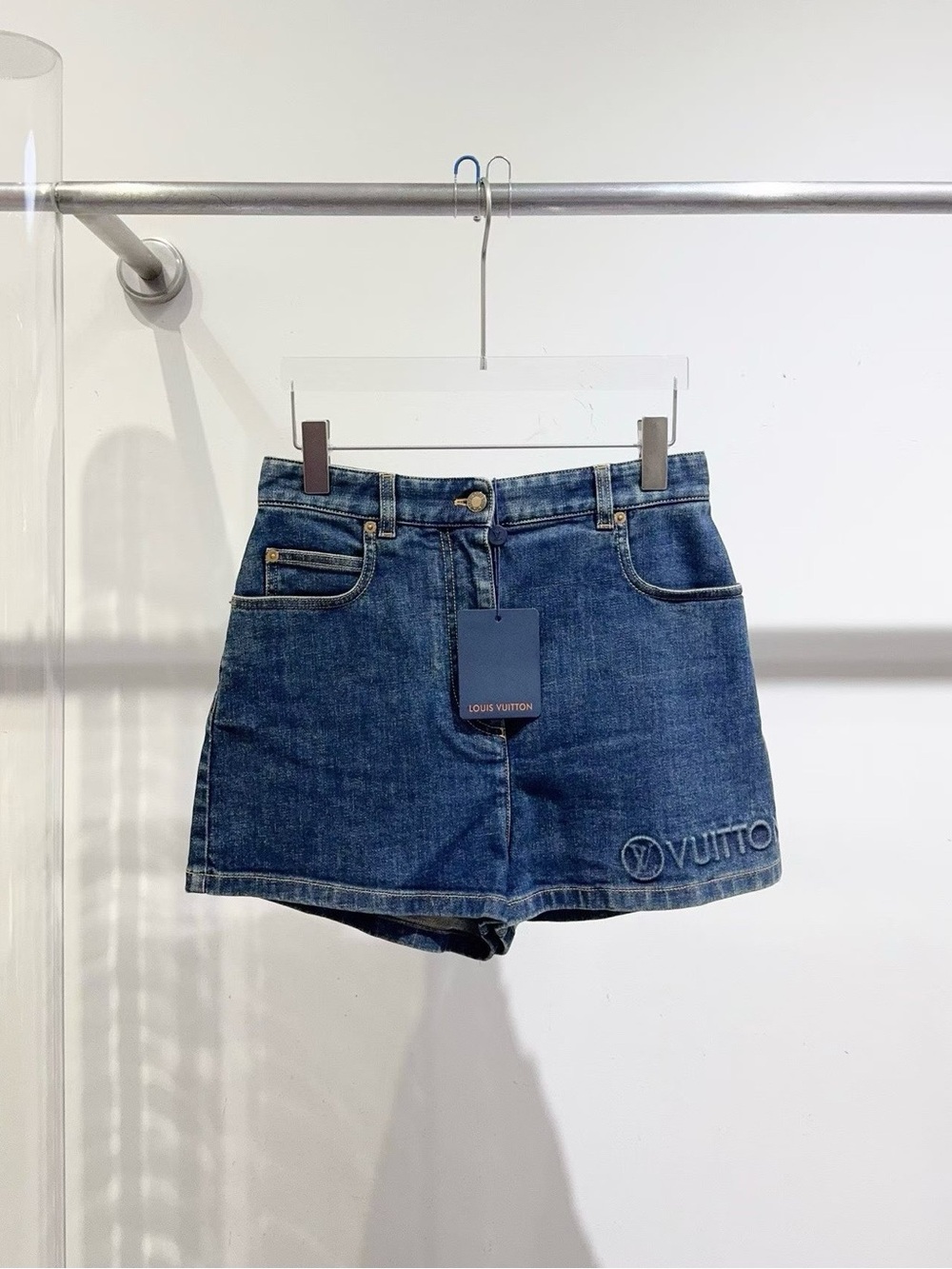 Louis Vuitton Dark Blue Denim Mini Shorts with Embroidered Logo